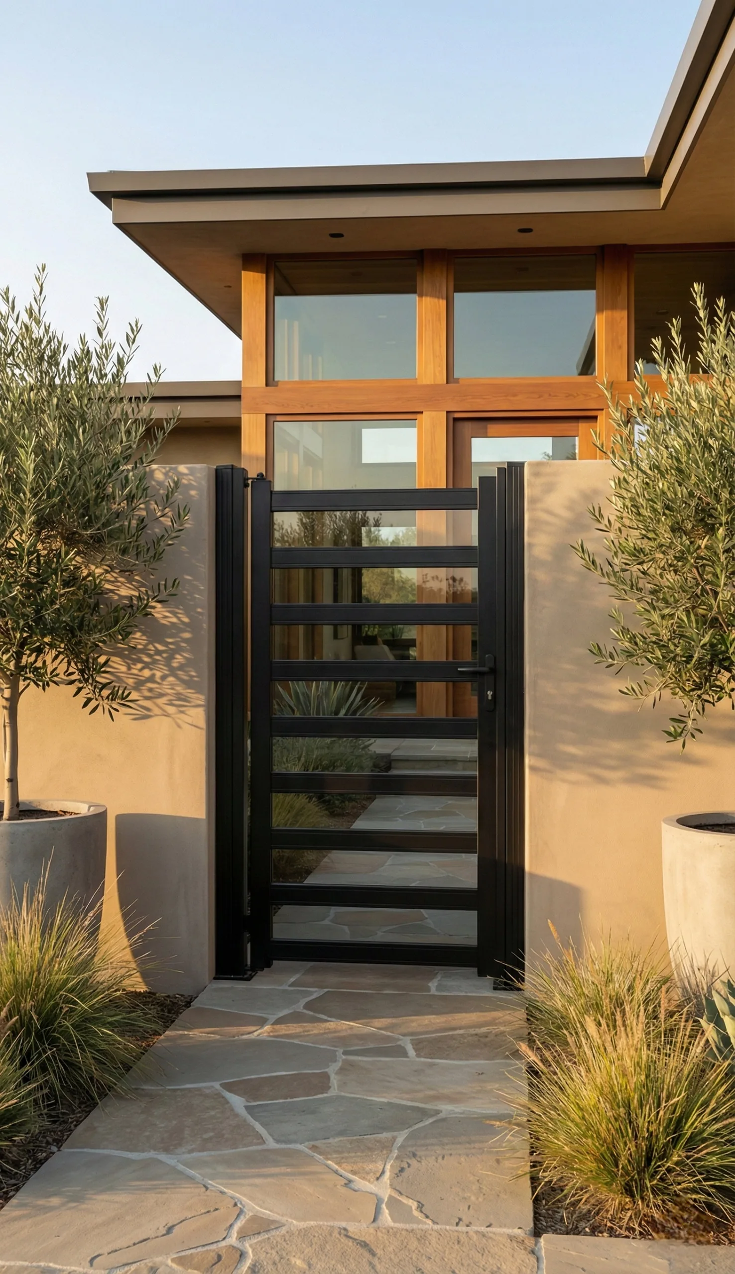 Wood pedestrian gate with black hardware