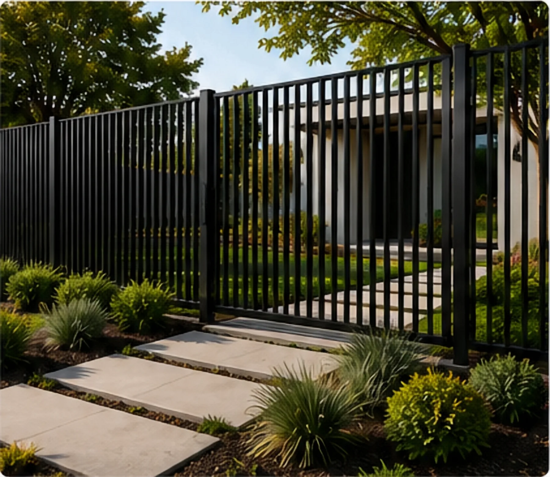 Close detail of a metal fence installation